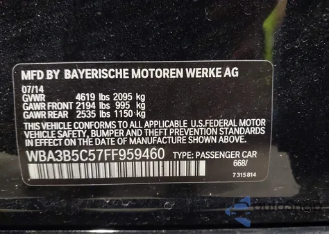 2015 BMW 328I xDrive из США, поврежденный, VIN WBA3B5C57FF959460